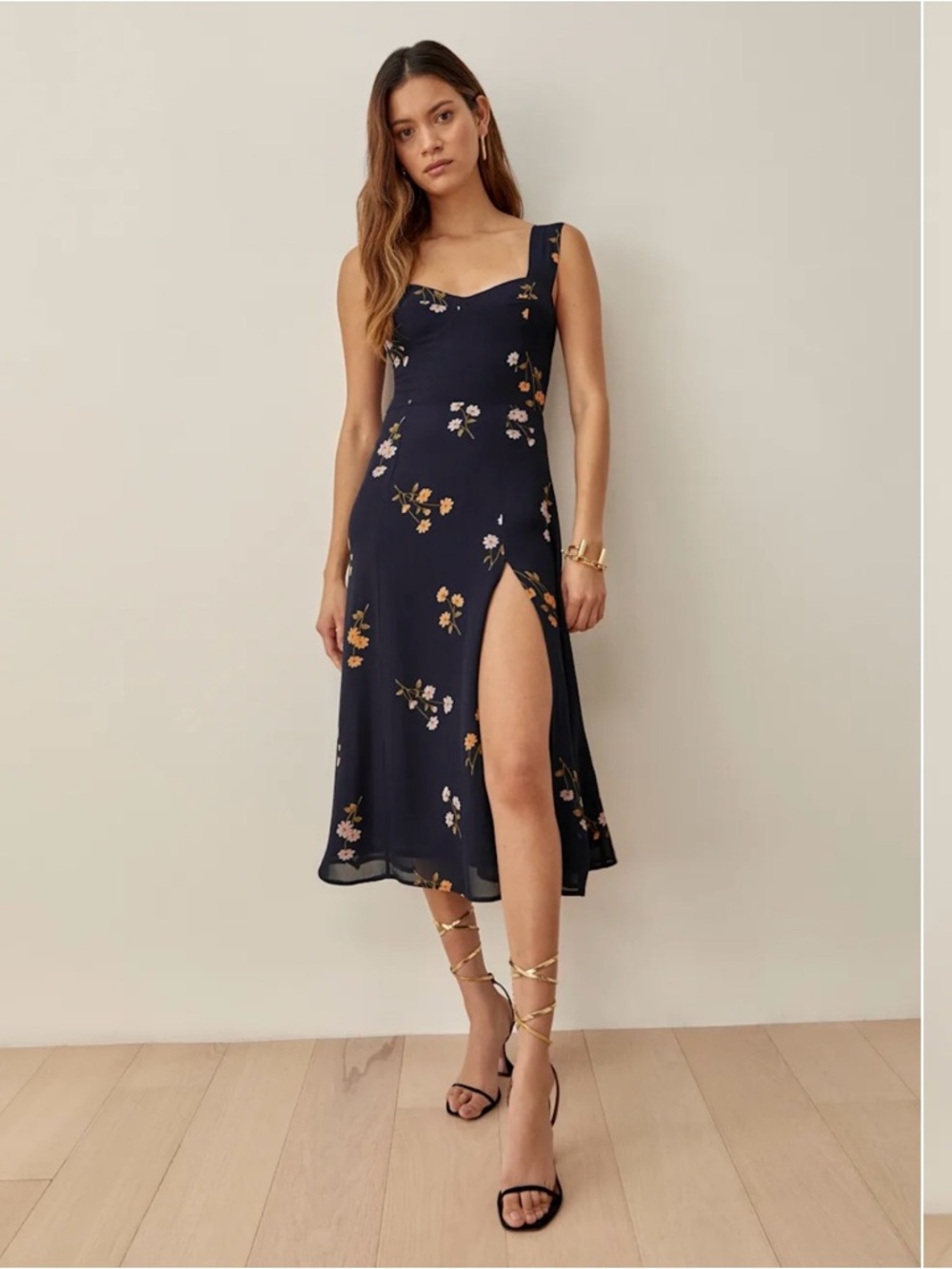 Reformation Navy Floral Square-Neck Midi Dress with Side Slit